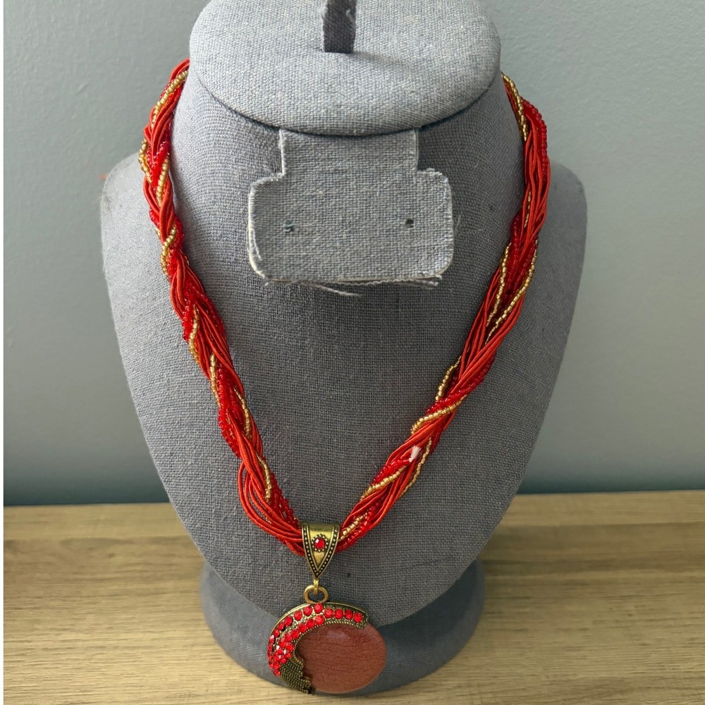 Red Gold Multi Strand Seed Bead Necklace Rhinestone Crescent Stone Pendant Boho
